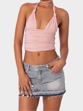 EDIKTED Lillie Knotted Halter Top Pink